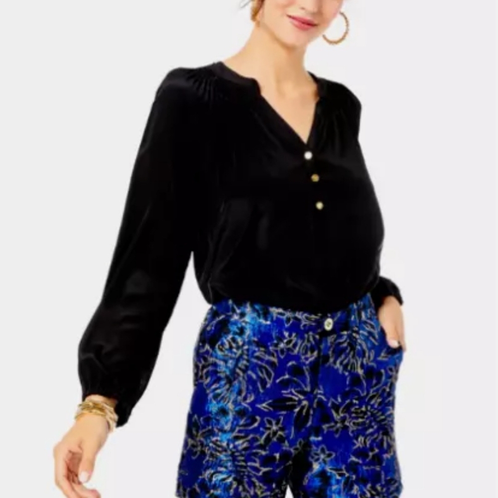 Floral Brocade Blue and Black Shorts - Picture 3 of 3